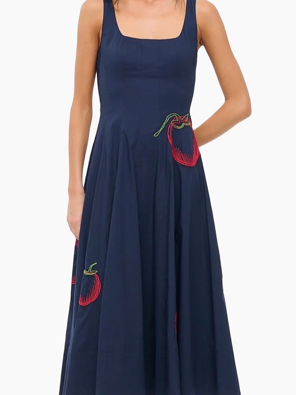 STAUD Wells Embroidered Cotton Poplin Fit & Flare Midi-Dress